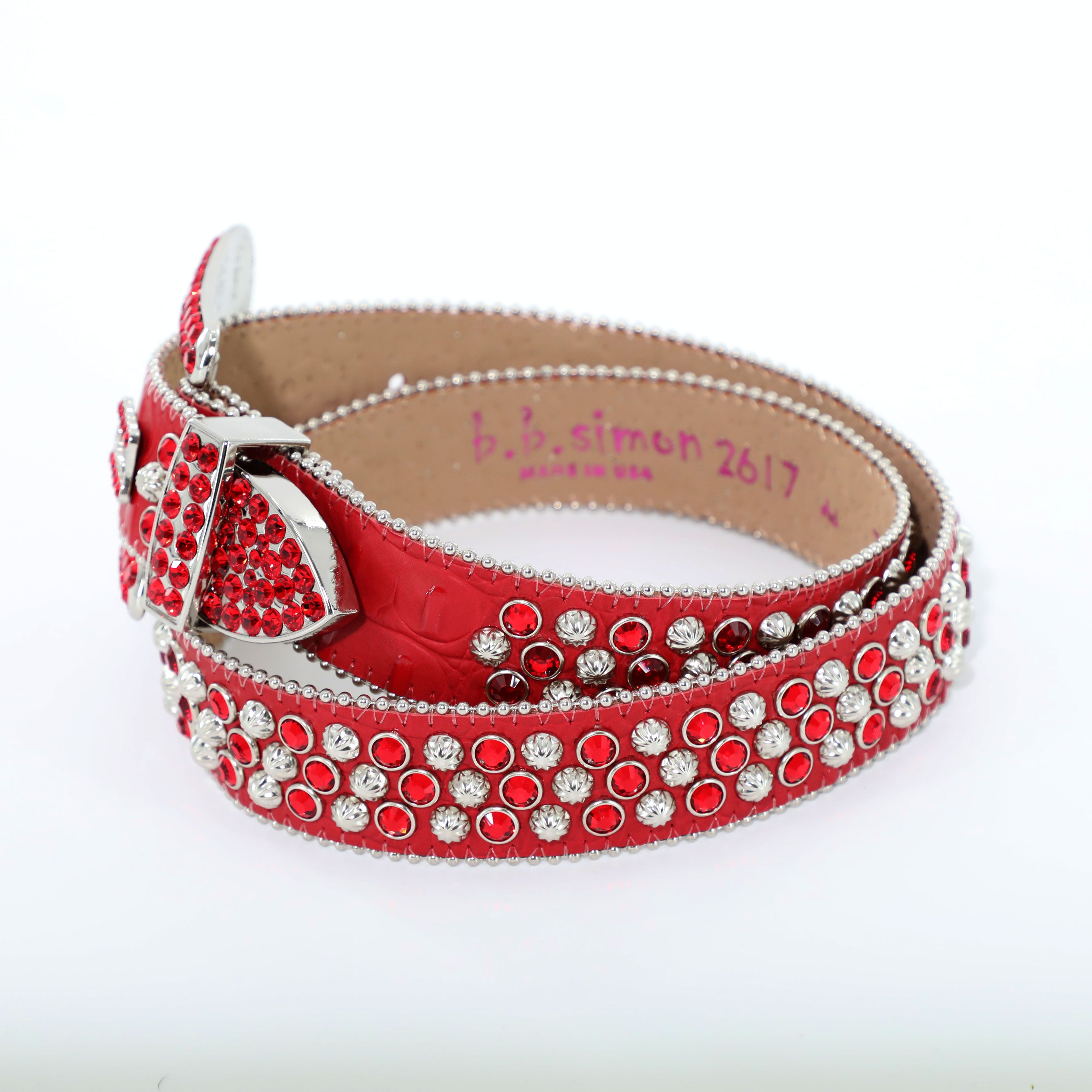 B.B Simon Red Belt w/ All Silver Crystals and Parachute Studs Red / 36