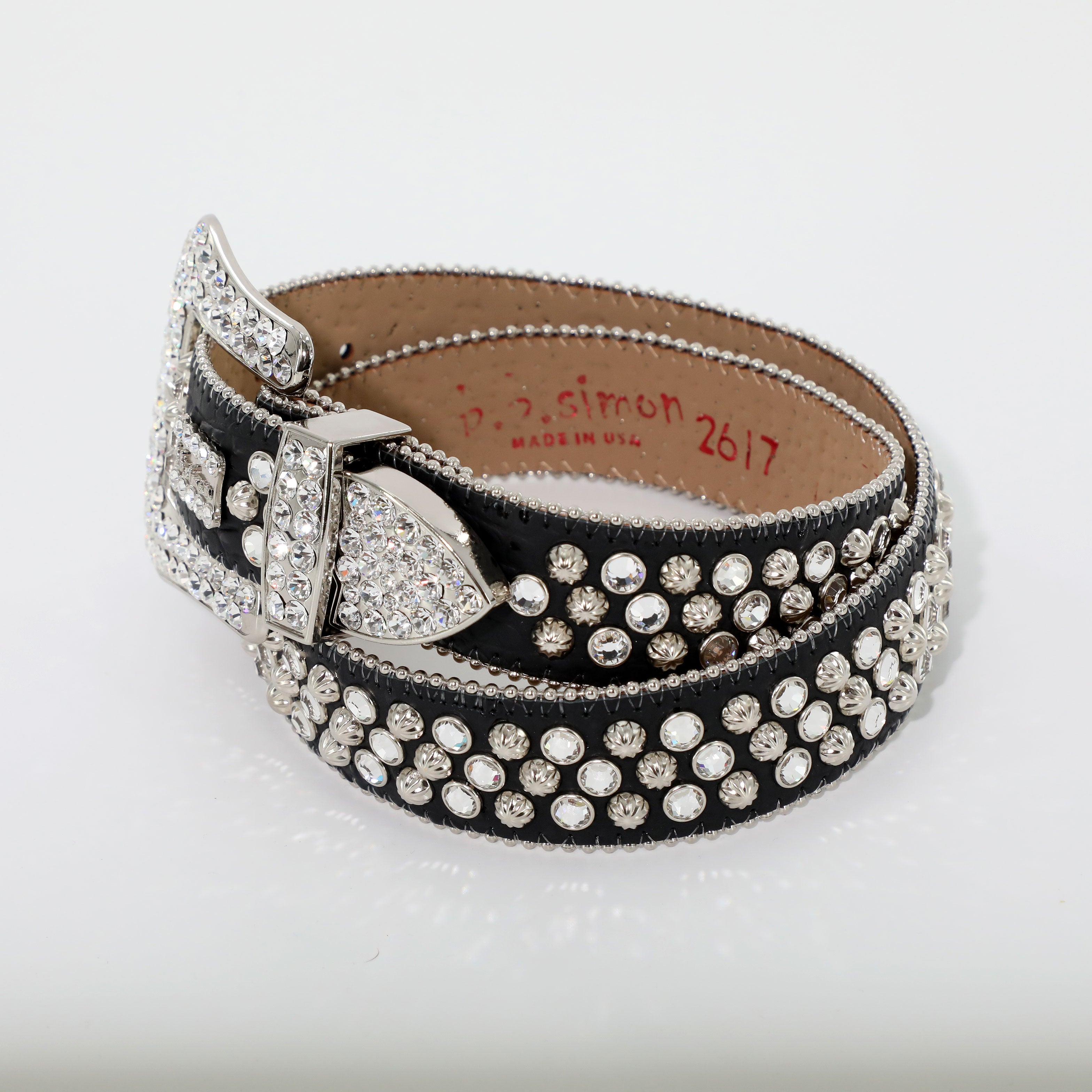 B.B Simon Red Belt with All Silver Crystals and Parachute Studs