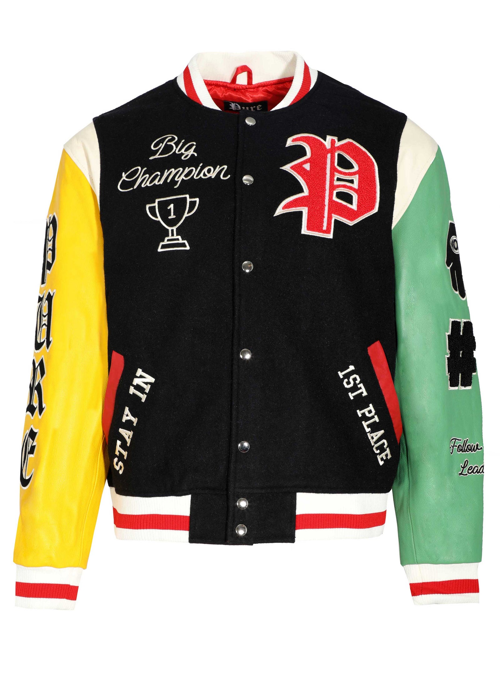 The Couture Club varsity bomber jacket in black and yellow with