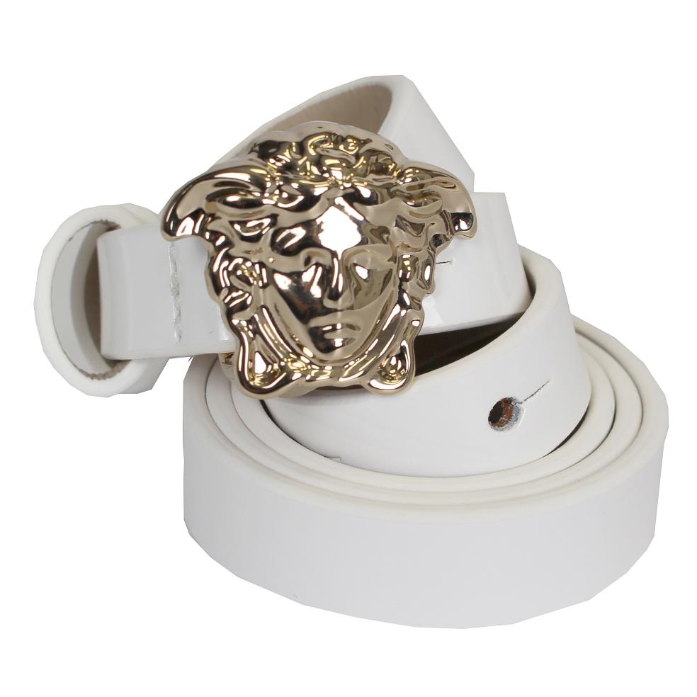 Girls Skinny Leather Belt with Full Gold Medusa Head-White