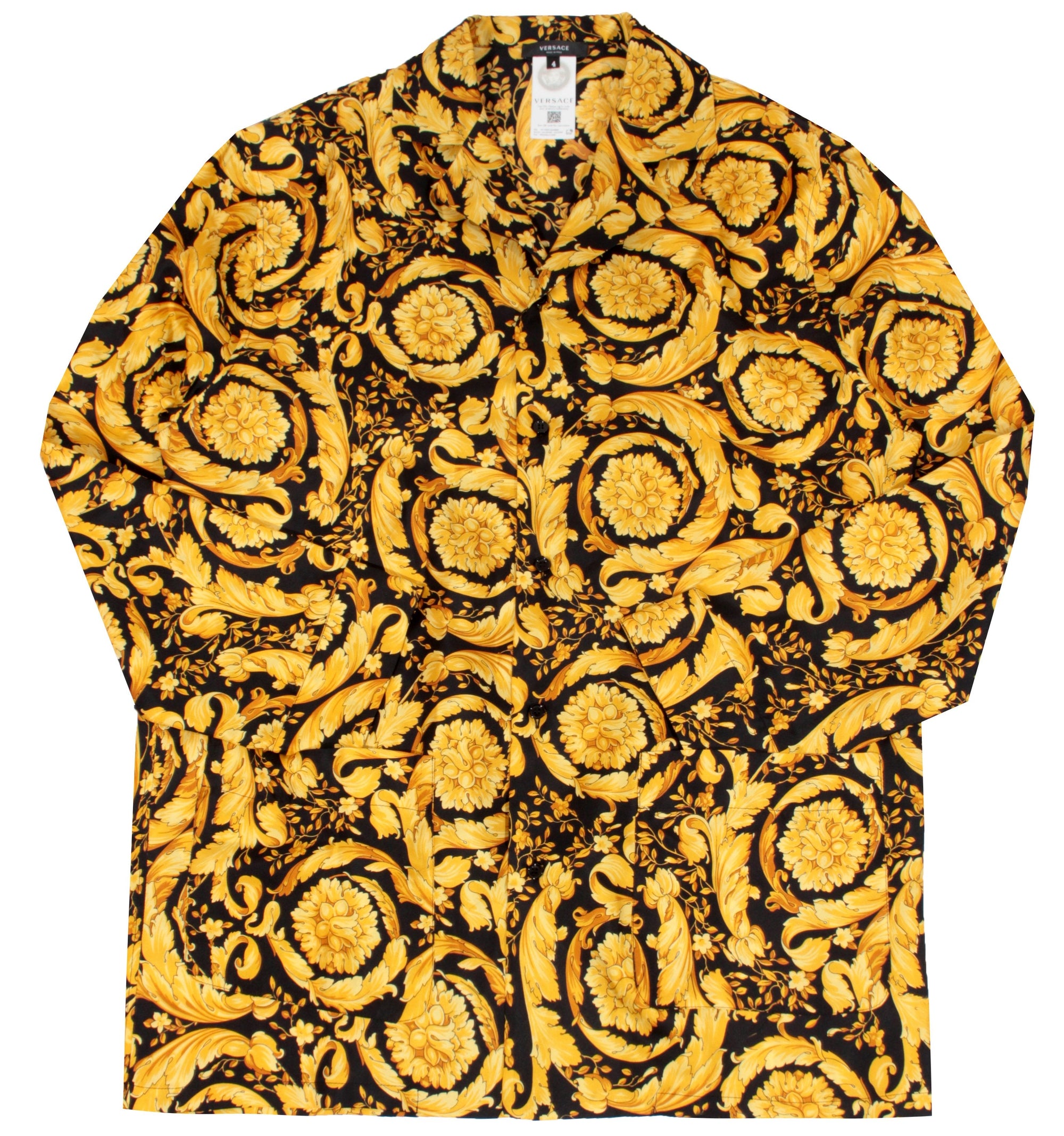 Versace Silk Button Down W/ Baroque Print - Black & Gold