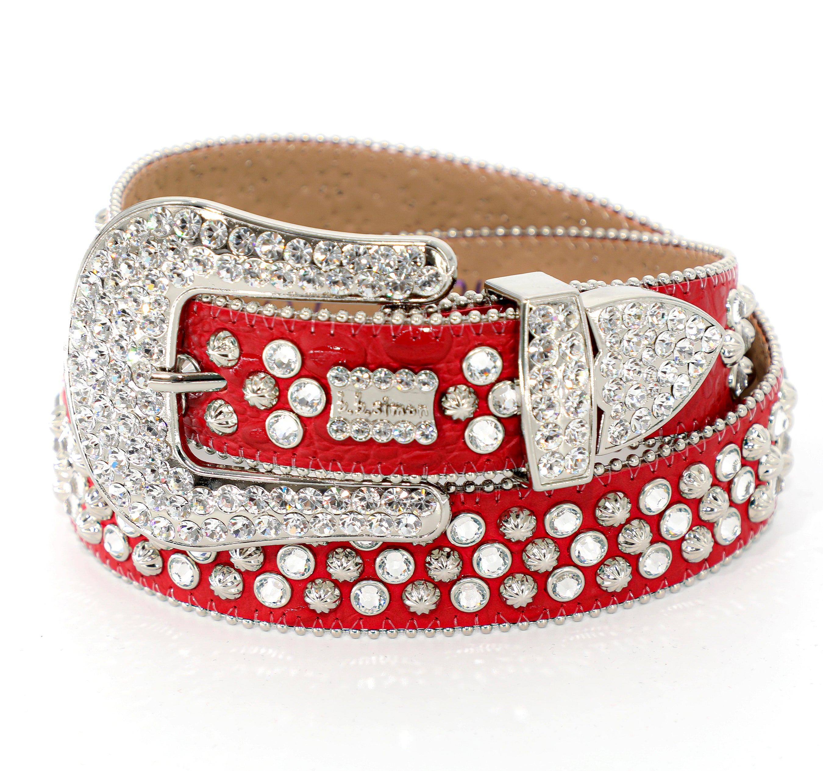 B.B SIMON RED BELT W/ ALL SILVER CRYSTALS AND PARACHUTE STUDS