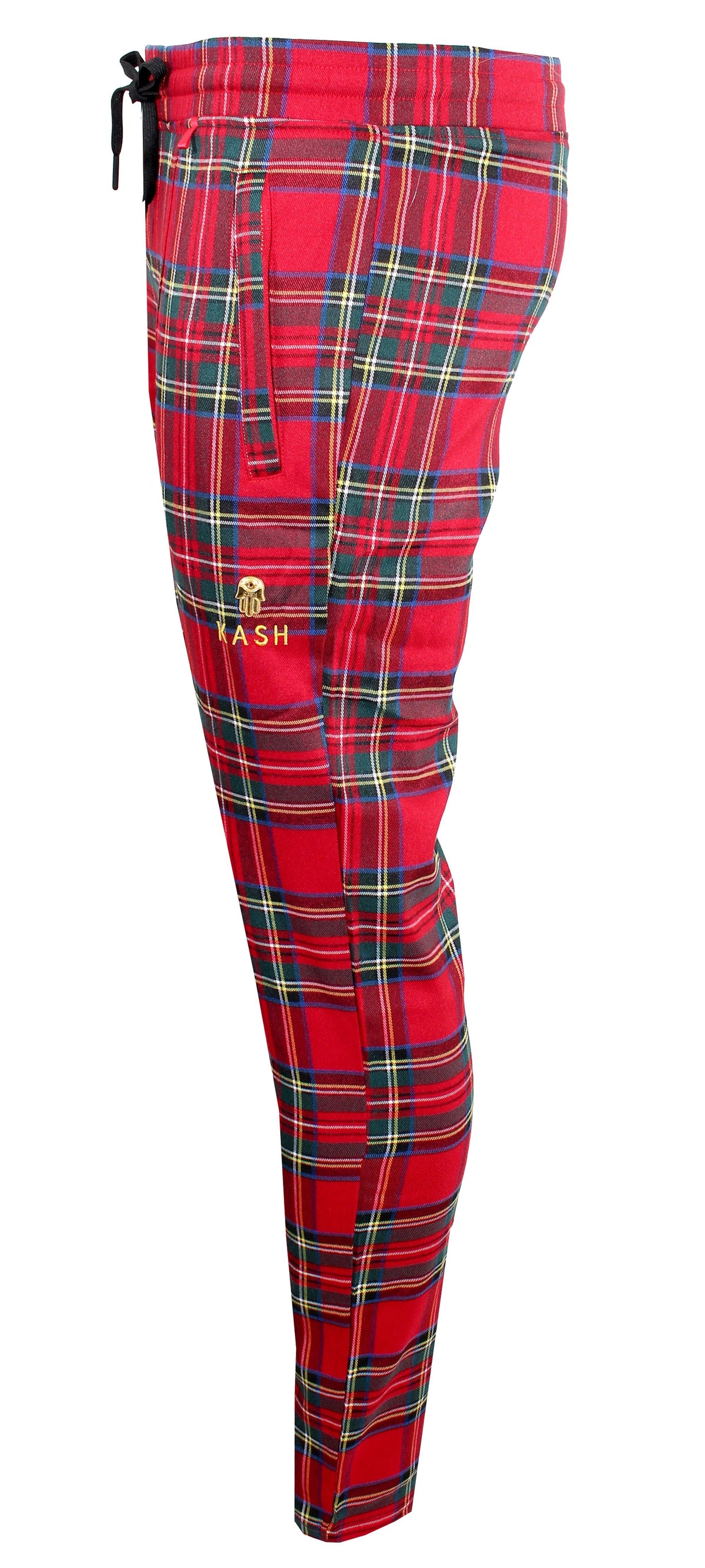 Red Plaid Track Pants with No Stripes & Embroidered 'KASH' on Thigh
