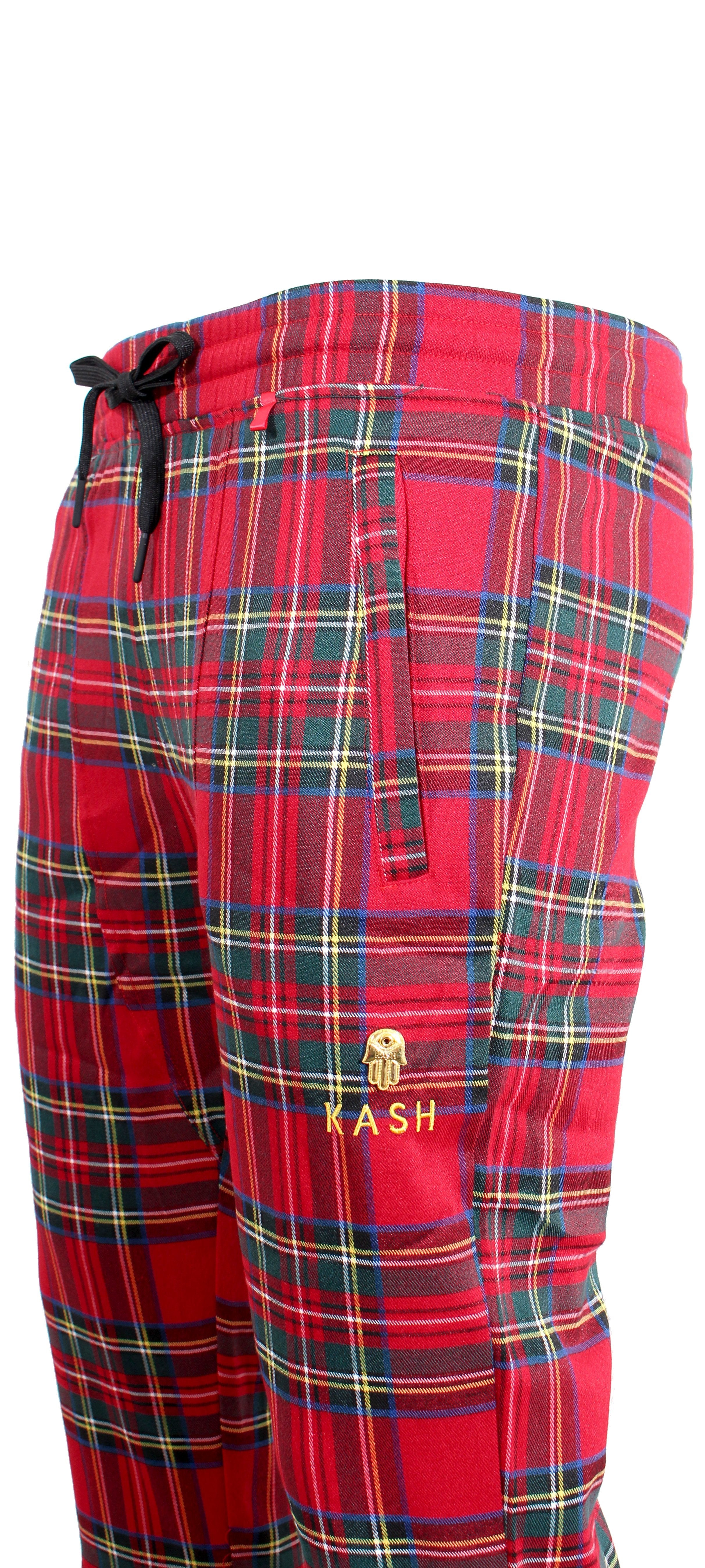 Red Plaid Track Pants with No Stripes & Embroidered 'KASH' on Thigh 