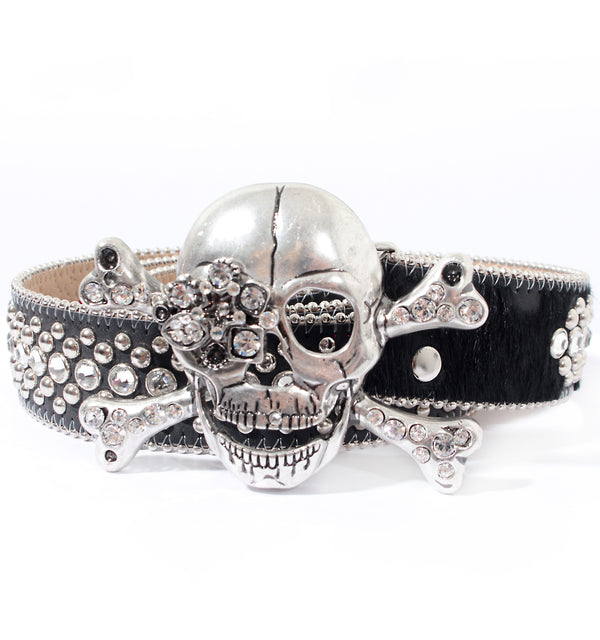 B.B. Simon Brown Pirate Skull Head Leather Crystal Belt 50 / Brown