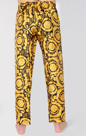 Silk Pajama Bottoms W/ Allover Baroque Print - Black & Gold 