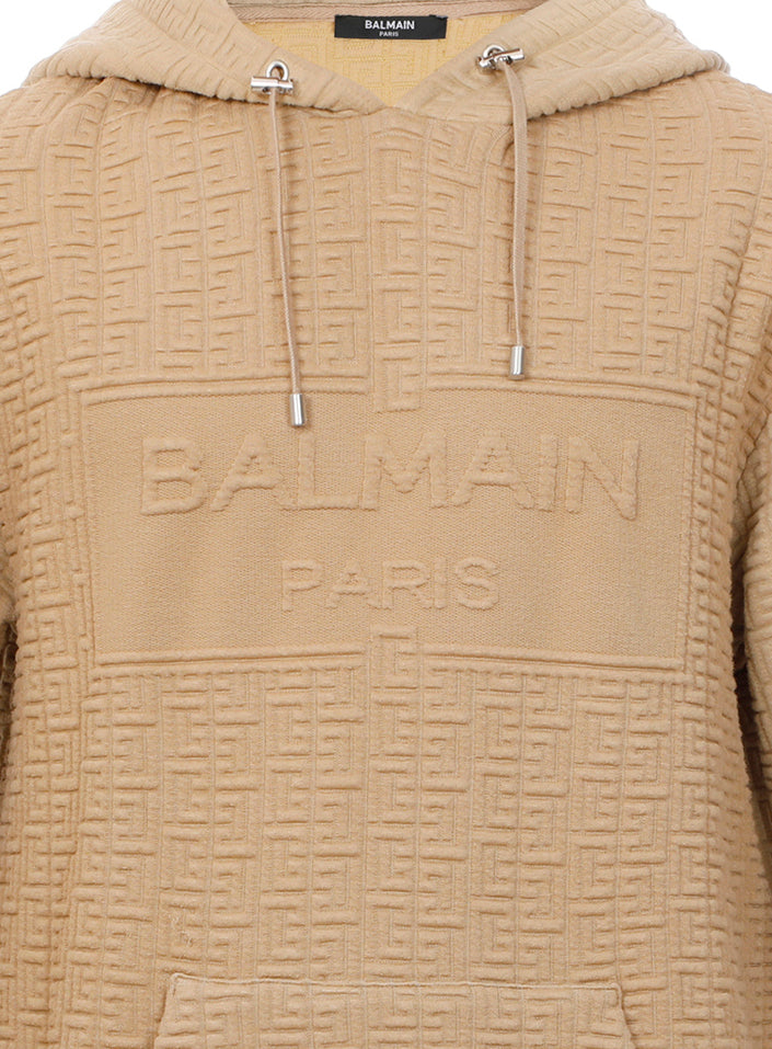 Balmain Embossed Monogram Hoodie Sweatshirt In Camel